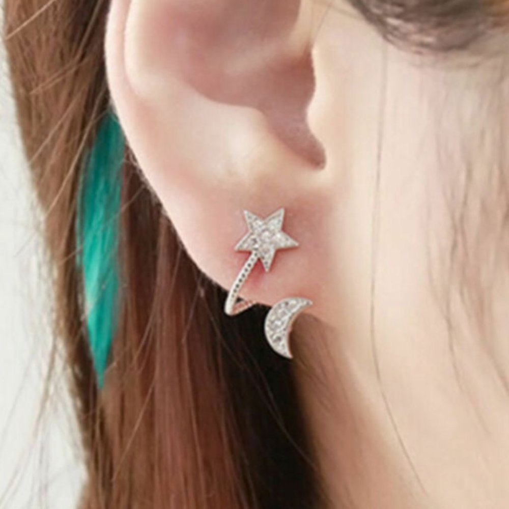Delicate Silver Star and Moon Loop Earrings